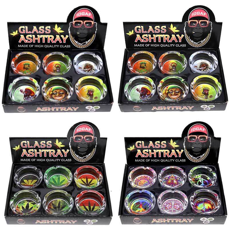 IDGAF Glass Round Ashtray (ASH4) | 6 Count Display | Assorted Designs - image 1 of 4